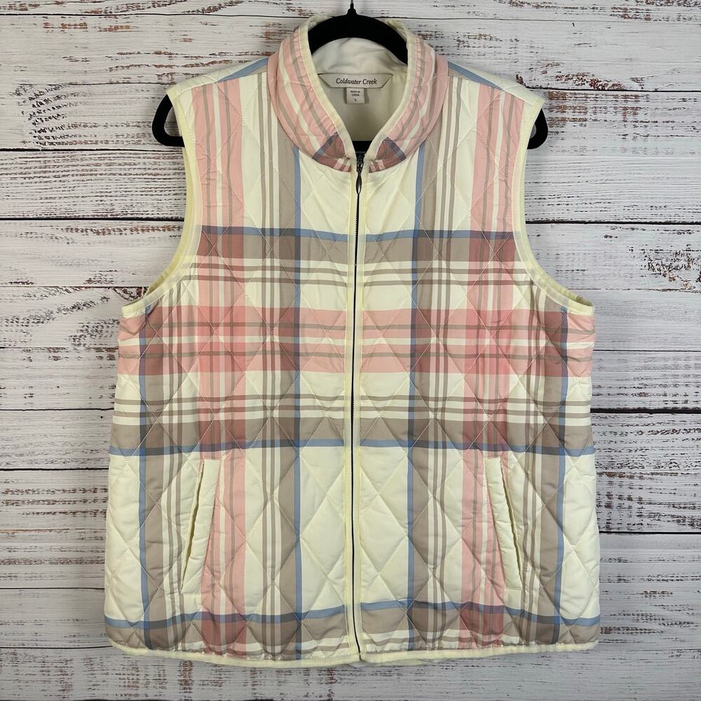 Coldwater Creek Cream Pink Plaid Puffer Full Zip Vest Casual Quilted Womens Sz L